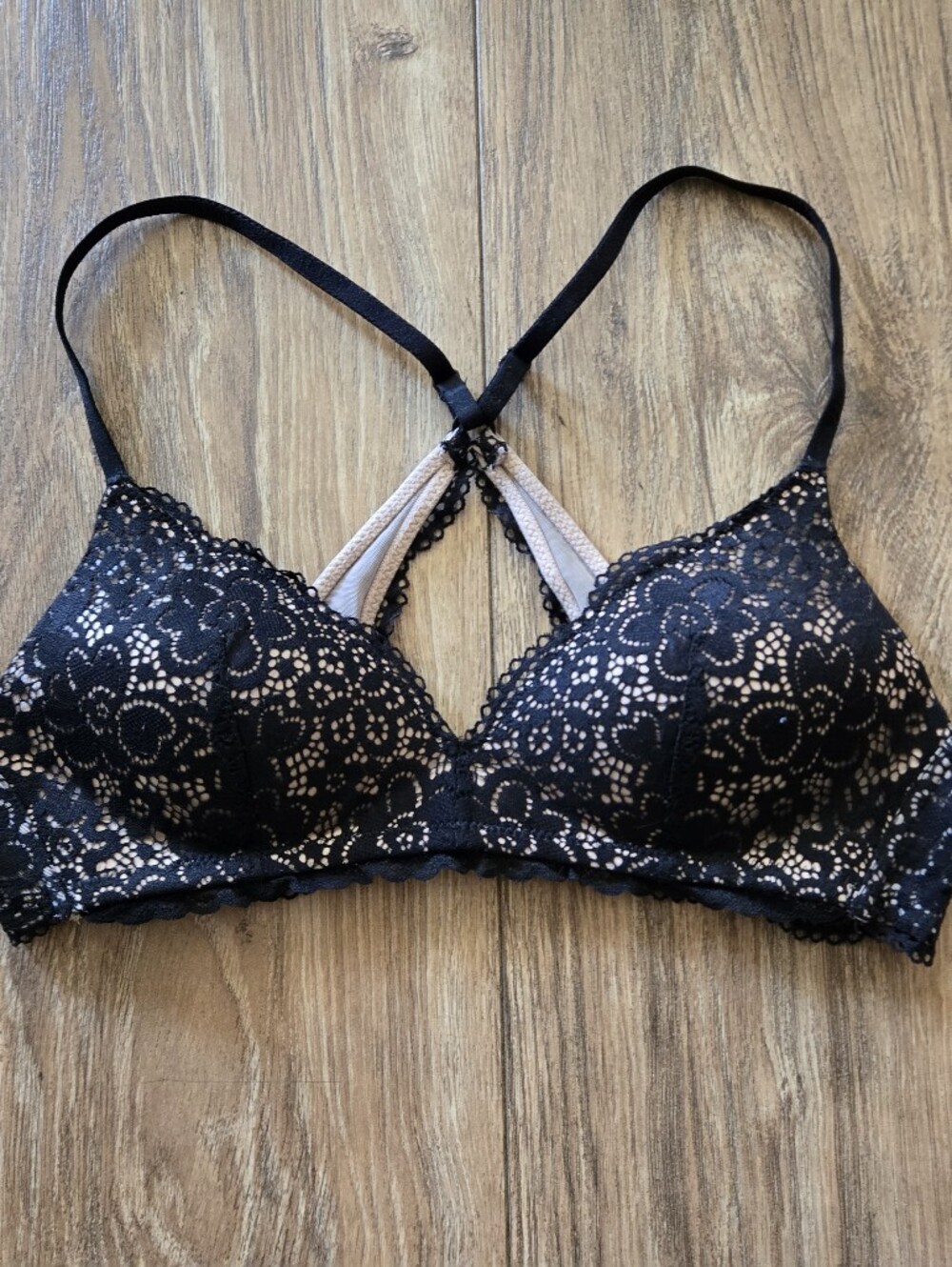 aerie Black Lace Bra with Nude Underlay